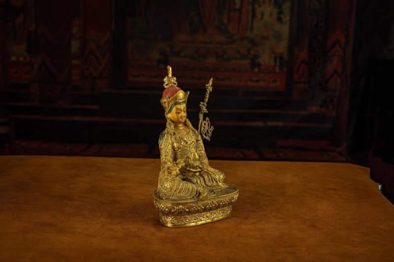19th Century Padmasambhava Tibetan Antique Buddha Statue Fully Engraved Gilt From Dorje Drak Monastery - Image 14