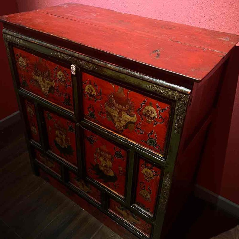 19th Century Painted “Five Senses Flower Offering” Tibetan Dharma Cabinet From Central Tibet - Image 3