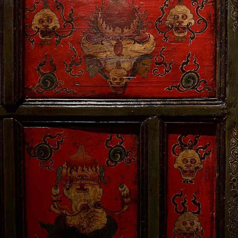 19th Century Painted “Five Senses Flower Offering” Tibetan Dharma Cabinet From Central Tibet - Image 5