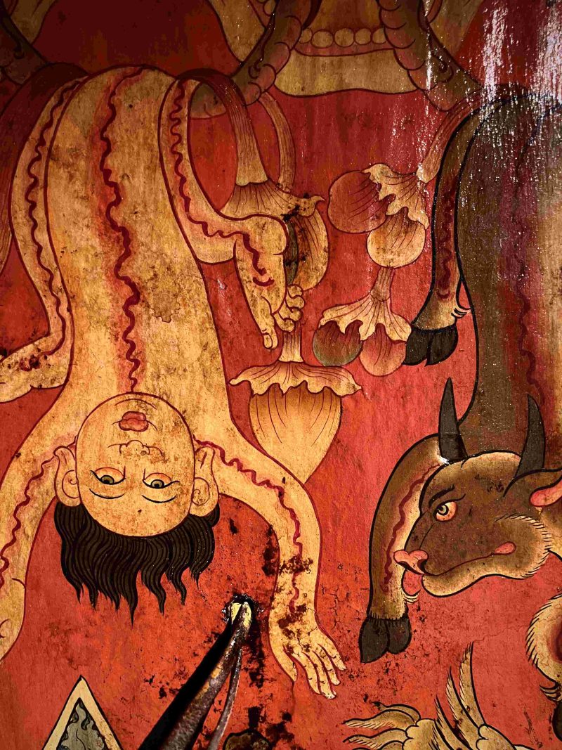 19th Century Shmashana Sacrificial Scene Old Wooden Door Thangka - Image 7