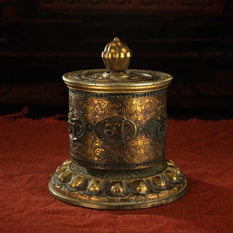 Qing Dynasty Om Mani Padme Hum Prayer Wheel Copper Gold Gilted Tibetan Ceremonial Object Sera Monastery Curio - Image 4