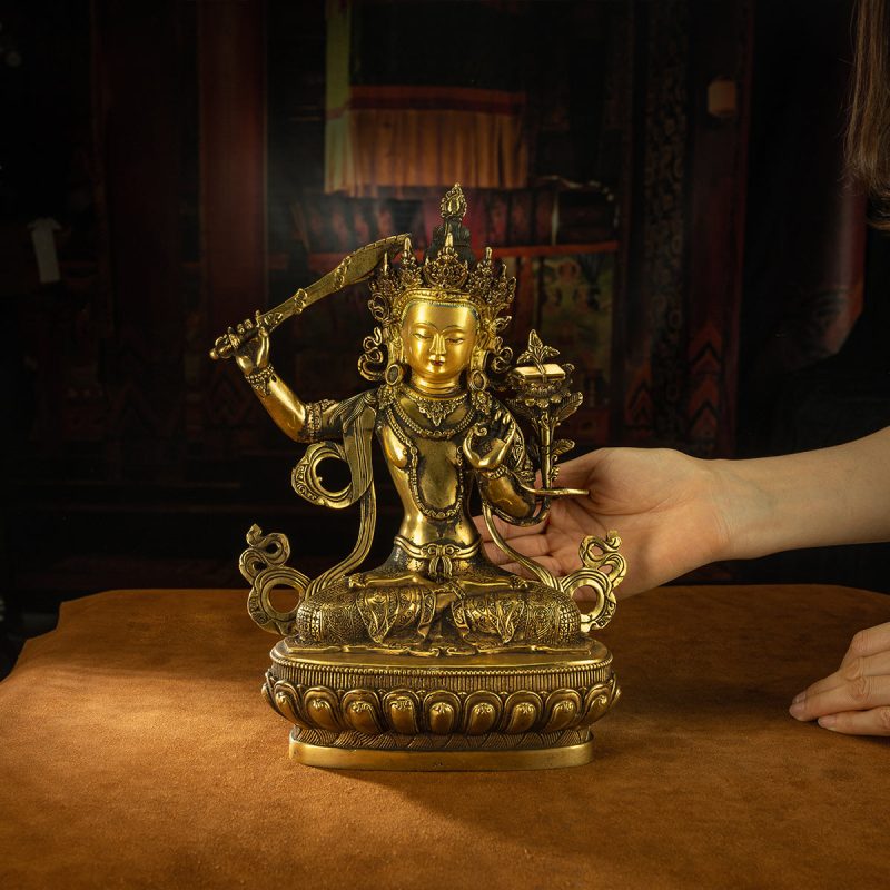 19th Century Manjusri Bodhisattva Tibet Antique Buddha Statue Yellow Lima gilt bronze Sera Monastery - Image 9
