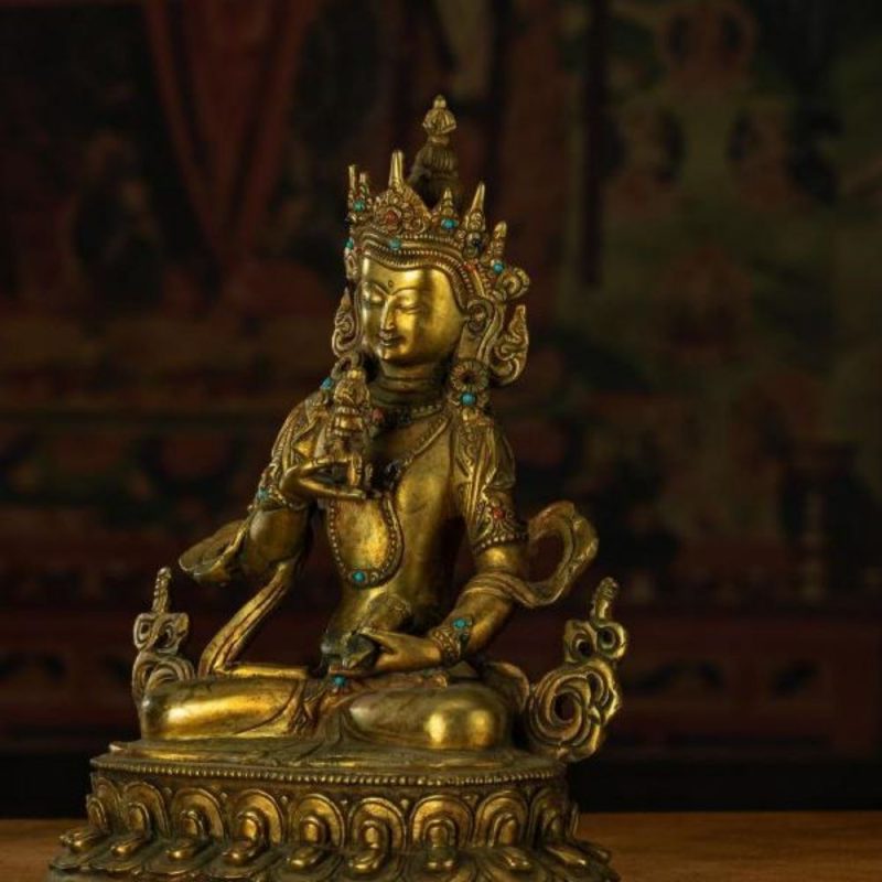 Qing Dynasty Vajrasattva statue Tibetan antique Buddha statue Gilt inlaid with Gemstones Minzhu Lin Temple - Image 6