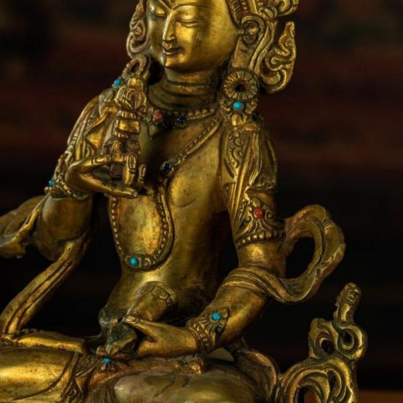 Qing Dynasty Vajrasattva statue Tibetan antique Buddha statue Gilt inlaid with Gemstones Minzhu Lin Temple - Image 5