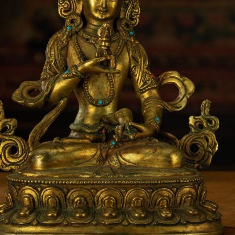 Qing Dynasty Vajrasattva statue Tibetan antique Buddha statue Gilt inlaid with Gemstones Minzhu Lin Temple - Image 12