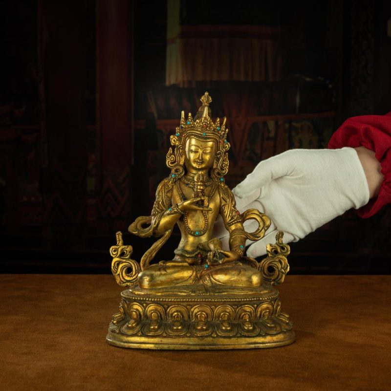 Qing Dynasty Vajrasattva statue Tibetan antique Buddha statue Gilt inlaid with Gemstones Minzhu Lin Temple - Image 11