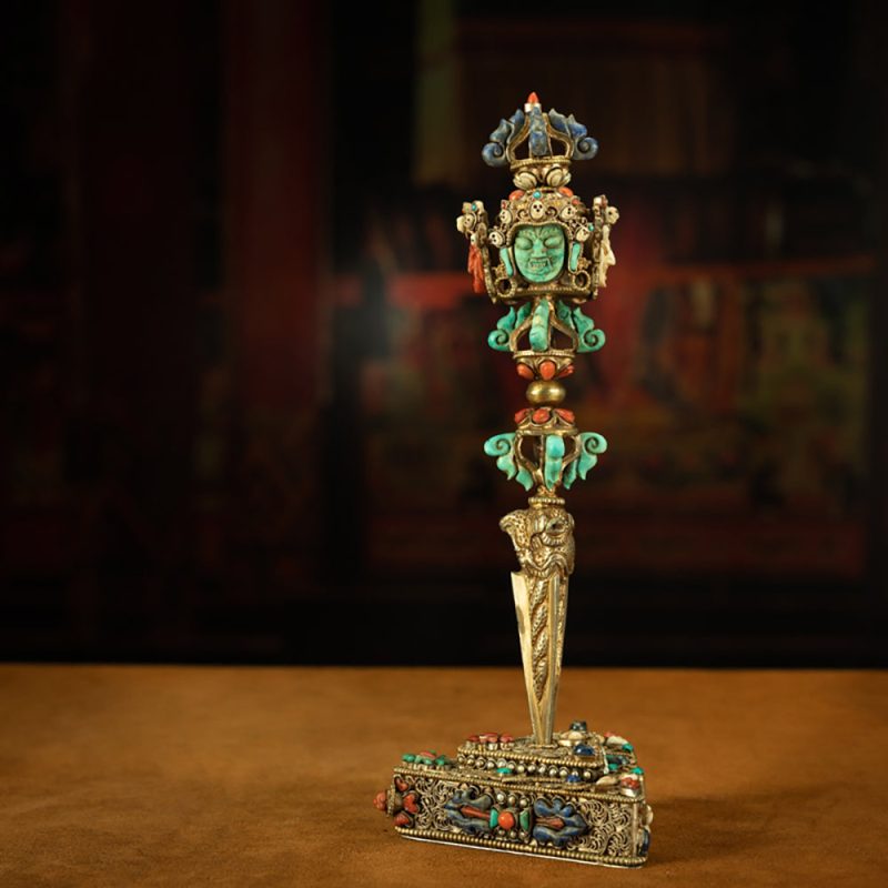 Extremely Rare Tibetan Top Five-Sided Puba Vajra with Coral, Turquoise, Lapis Lazuli, and Giant Clam - Image 3