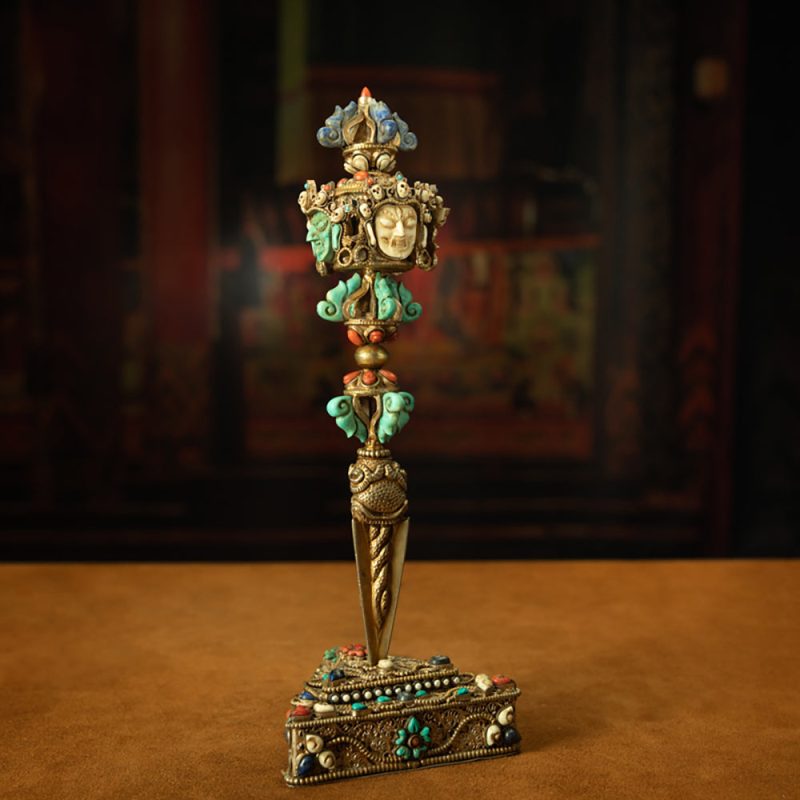 Extremely Rare Tibetan Top Five-Sided Puba Vajra with Coral, Turquoise, Lapis Lazuli, and Giant Clam - Image 5
