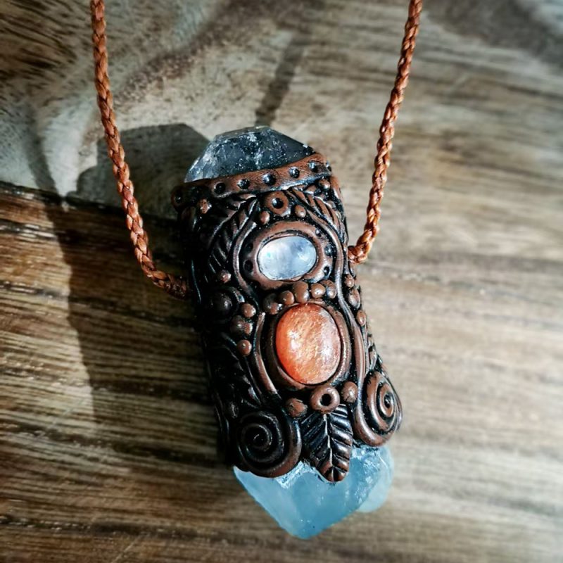 Tibetan Clay Energy Stone Pendant with Sunstone & Moonstone & Celestite and Herkimer Diamond for Calm - Image 2
