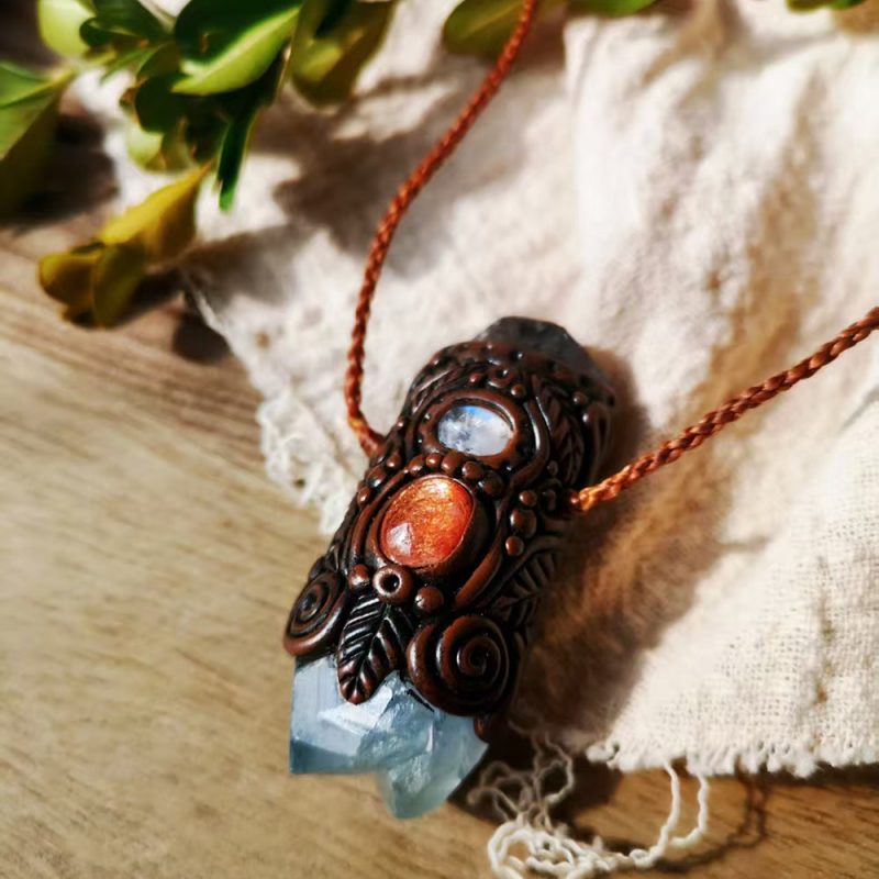 Tibetan Clay Energy Stone Pendant with Sunstone & Moonstone & Celestite and Herkimer Diamond for Calm - Image 3