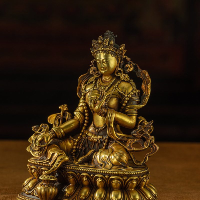 Qing Dynasty Green Tara Tibetan Antique Buddha Statue Copper Gilding - Image 9