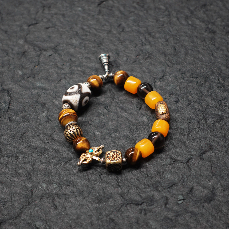 Protective Energy Three-Eyed Dzi Bead Bracelet Tibetan Vajra Silver Talisman - Image 4