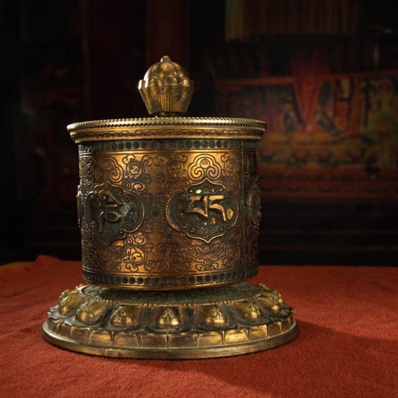 Qing Dynasty Om Mani Padme Hum Prayer Wheel Copper Gold Gilted Tibetan Ceremonial Object Sera Monastery Curio - Image 3