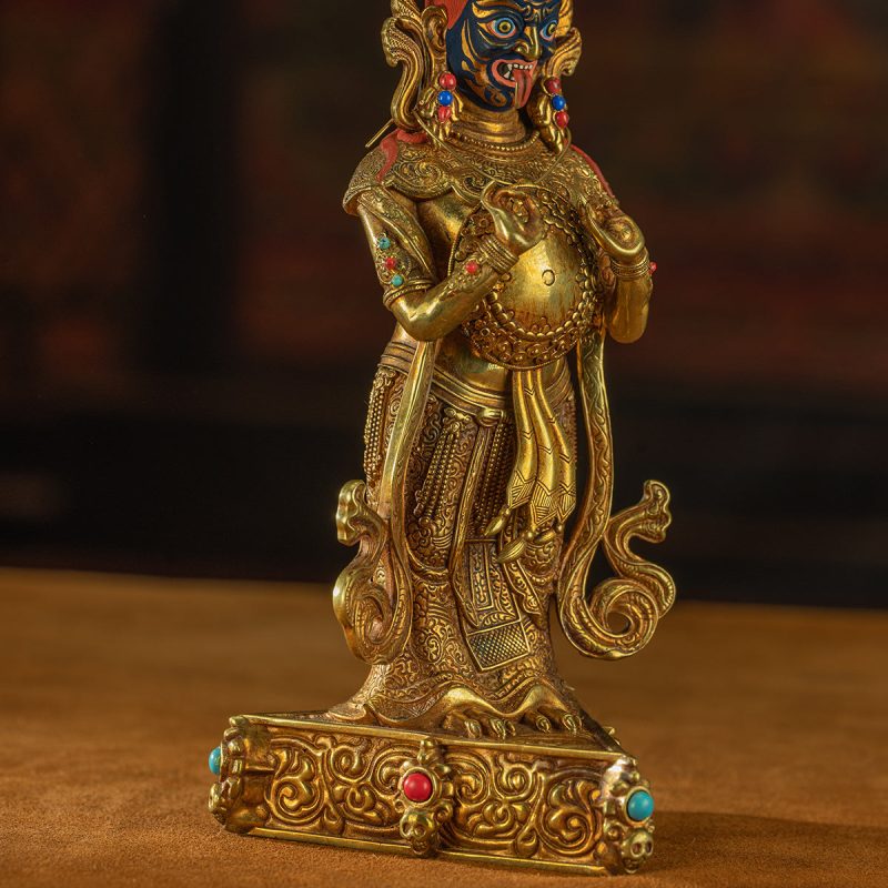 19th Century Zashi Lhamo Dharmapala God of Wealth Gilt Copper Painted Tibetan Buddha Statue From Sera Monastery - Image 4