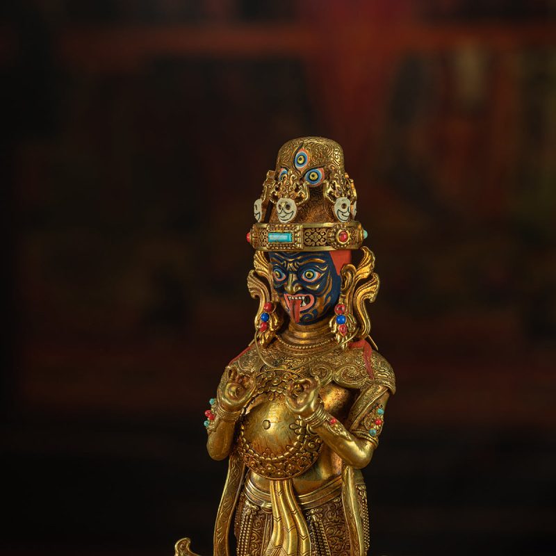 19th Century Zashi Lhamo Dharmapala God of Wealth Gilt Copper Painted Tibetan Buddha Statue From Sera Monastery - Image 3