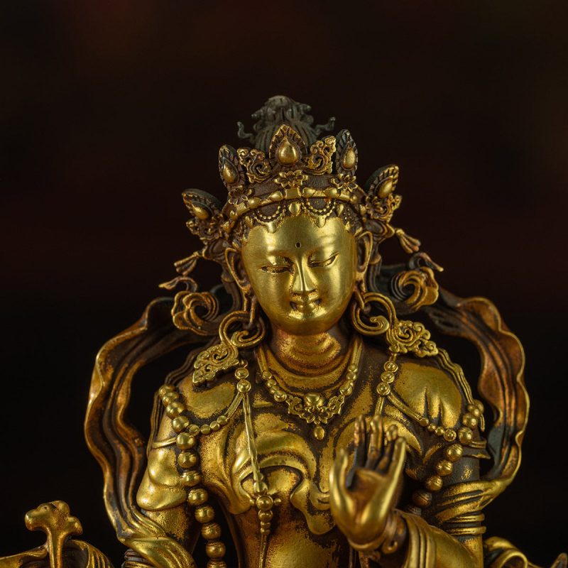 Qing Dynasty Green Tara Tibetan Antique Buddha Statue Copper Gilding - Image 10