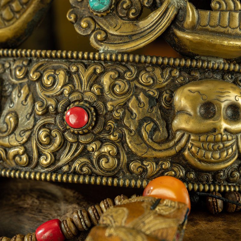 Qing Dynasty  Sita Vana's Dharma Protector Hat Yellow Lima Copper Inlaid With Coral and Turquoise Sakya Monastery - Image 10