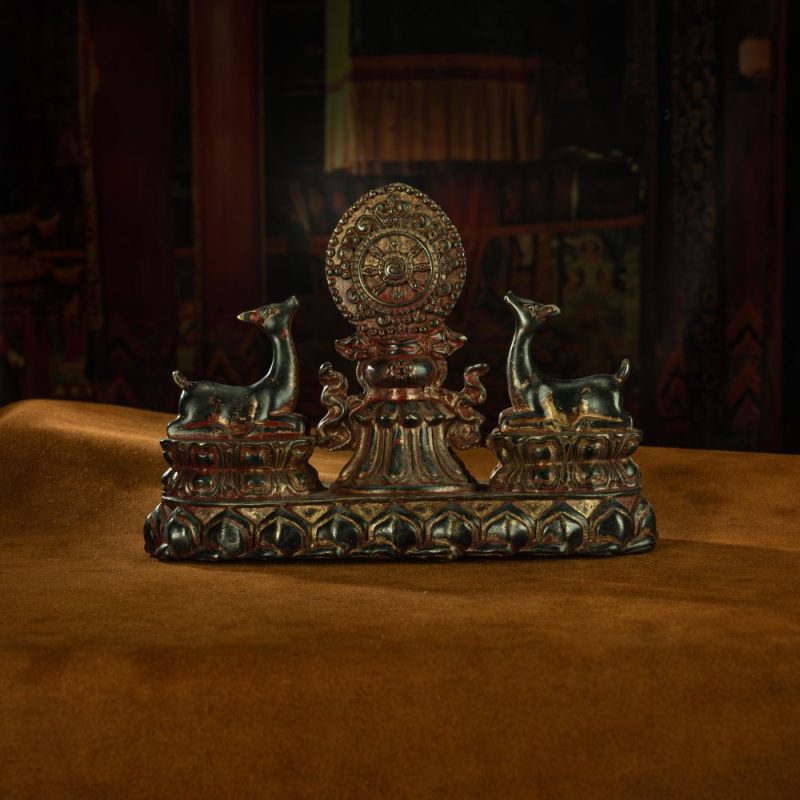 Ming Dynasty Vermilion Lacquer Double Deer-listening Dharma Wheel Offering Vessel Gilt Copper Tibetan Accessory Xiaodeng Temple - Image 9