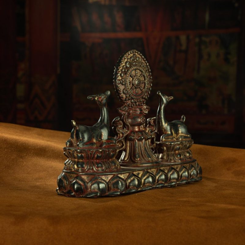 Ming Dynasty Vermilion Lacquer Double Deer-listening Dharma Wheel Offering Vessel Gilt Copper Tibetan Accessory Xiaodeng Temple - Image 5