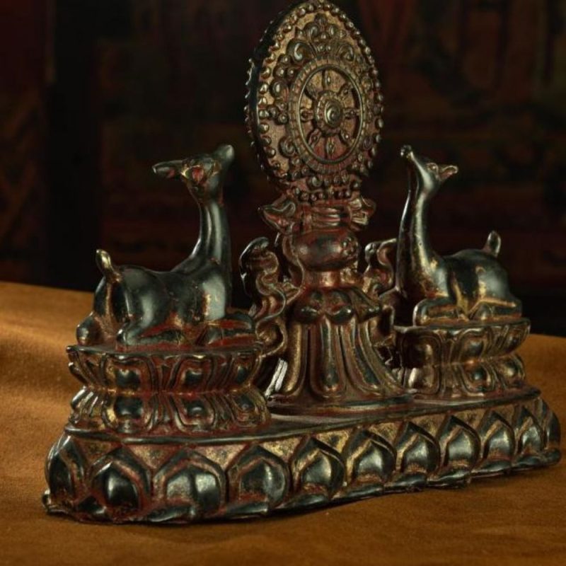 Ming Dynasty Vermilion Lacquer Double Deer-listening Dharma Wheel Offering Vessel Gilt Copper Tibetan Accessory Xiaodeng Temple - Image 3