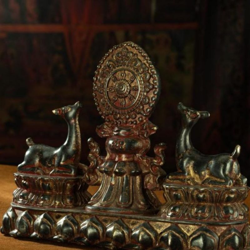 Ming Dynasty Vermilion Lacquer Double Deer-listening Dharma Wheel Offering Vessel Gilt Copper Tibetan Accessory Xiaodeng Temple - Image 6
