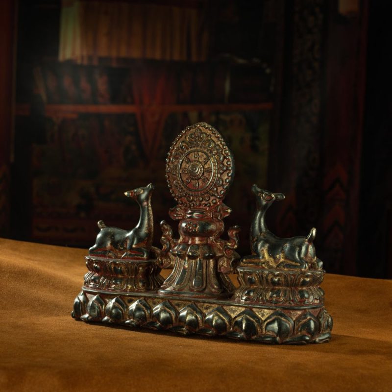 Ming Dynasty Vermilion Lacquer Double Deer-listening Dharma Wheel Offering Vessel Gilt Copper Tibetan Accessory Xiaodeng Temple - Image 4