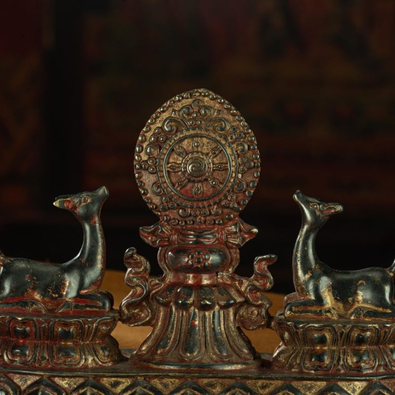 Ming Dynasty Vermilion Lacquer Double Deer-listening Dharma Wheel Offering Vessel Gilt Copper Tibetan Accessory Xiaodeng Temple - Image 2