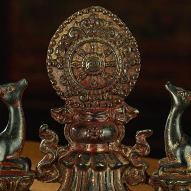 Ming Dynasty Vermilion Lacquer Double Deer-listening Dharma Wheel Offering Vessel Gilt Copper Tibetan Accessory Xiaodeng Temple - Image 7