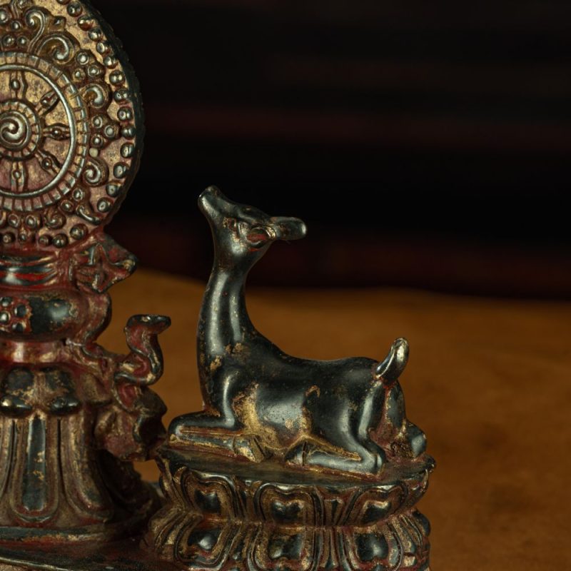 Ming Dynasty Vermilion Lacquer Double Deer-listening Dharma Wheel Offering Vessel Gilt Copper Tibetan Accessory Xiaodeng Temple - Image 8