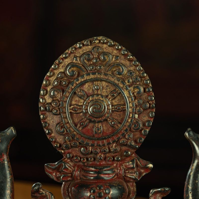 Ming Dynasty Vermilion Lacquer Double Deer-listening Dharma Wheel Offering Vessel Gilt Copper Tibetan Accessory Xiaodeng Temple - Image 11