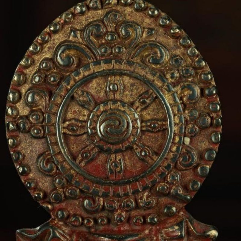 Ming Dynasty Vermilion Lacquer Double Deer-listening Dharma Wheel Offering Vessel Gilt Copper Tibetan Accessory Xiaodeng Temple - Image 10
