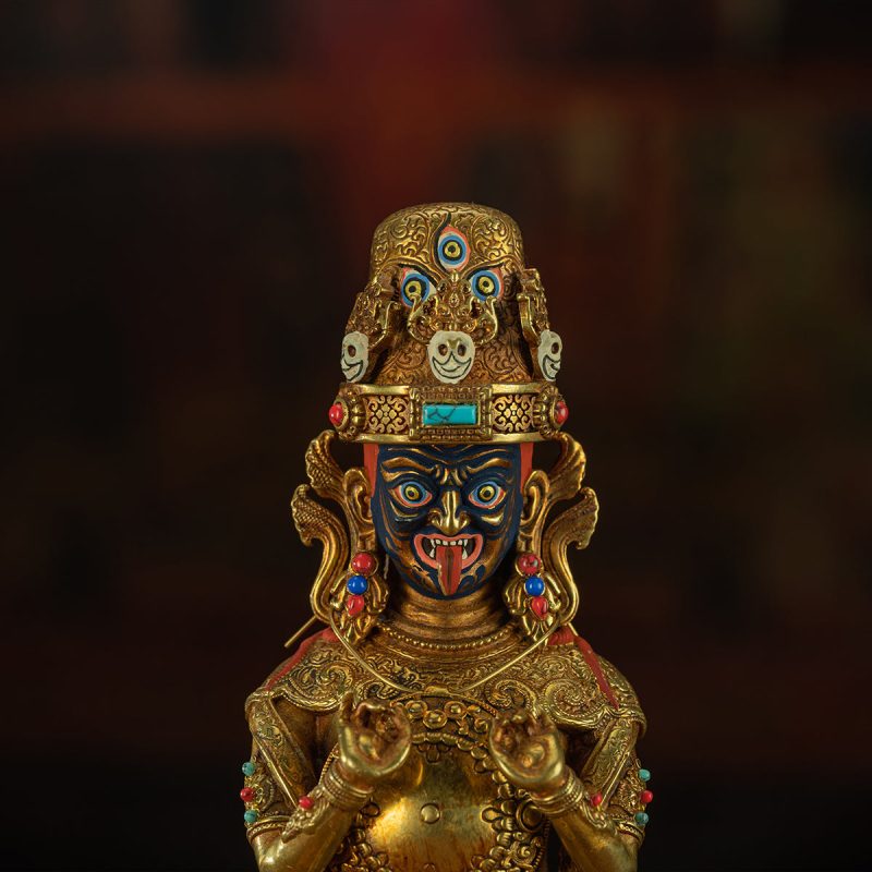 19th Century Zashi Lhamo Dharmapala God of Wealth Gilt Copper Painted Tibetan Buddha Statue From Sera Monastery - Image 2