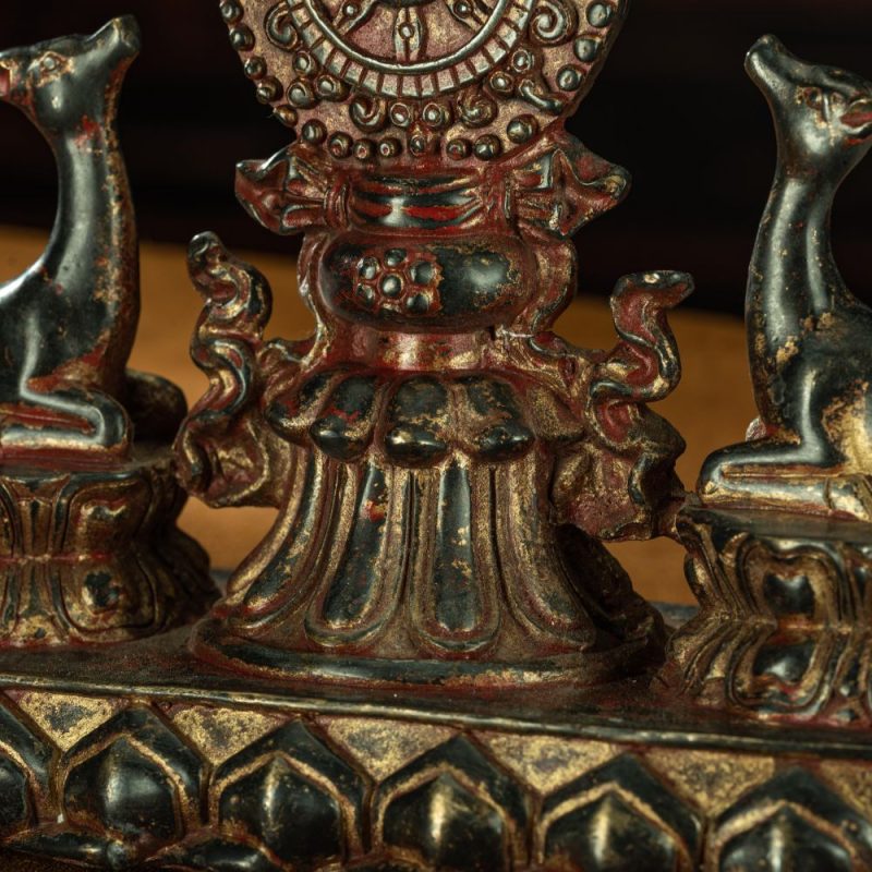 Ming Dynasty Vermilion Lacquer Double Deer-listening Dharma Wheel Offering Vessel Gilt Copper Tibetan Accessory Xiaodeng Temple - Image 13