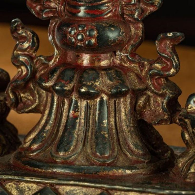 Ming Dynasty Vermilion Lacquer Double Deer-listening Dharma Wheel Offering Vessel Gilt Copper Tibetan Accessory Xiaodeng Temple - Image 12