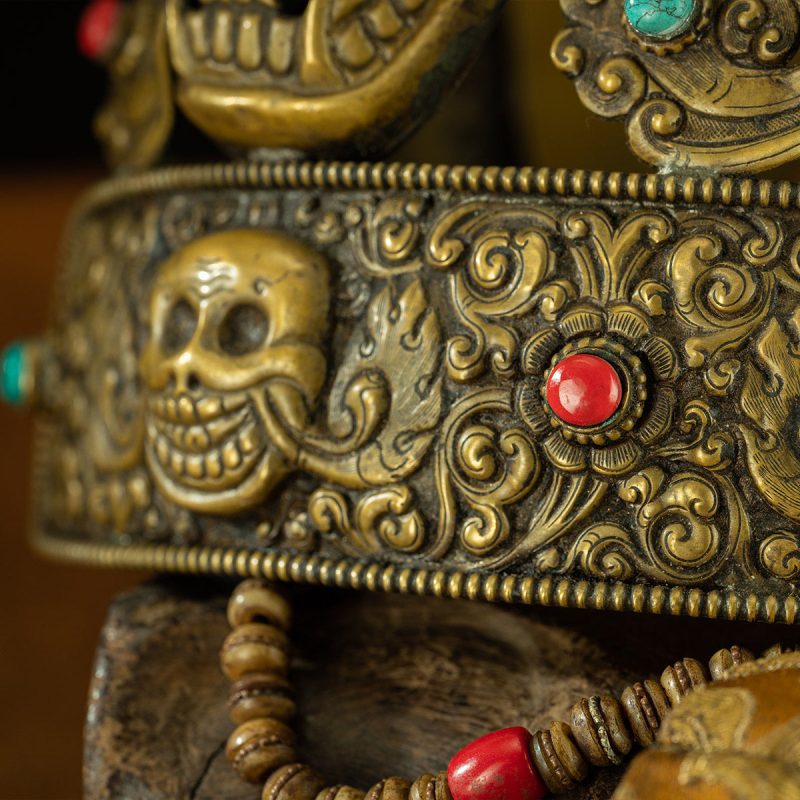 Qing Dynasty  Sita Vana's Dharma Protector Hat Yellow Lima Copper Inlaid With Coral and Turquoise Sakya Monastery - Image 11