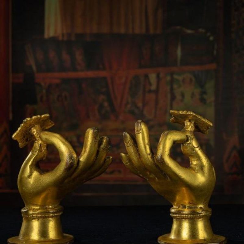 Qing Dynasty Lotus Flower Buddha Hand Gilded Tibetan Ritual Item Antique - Image 11