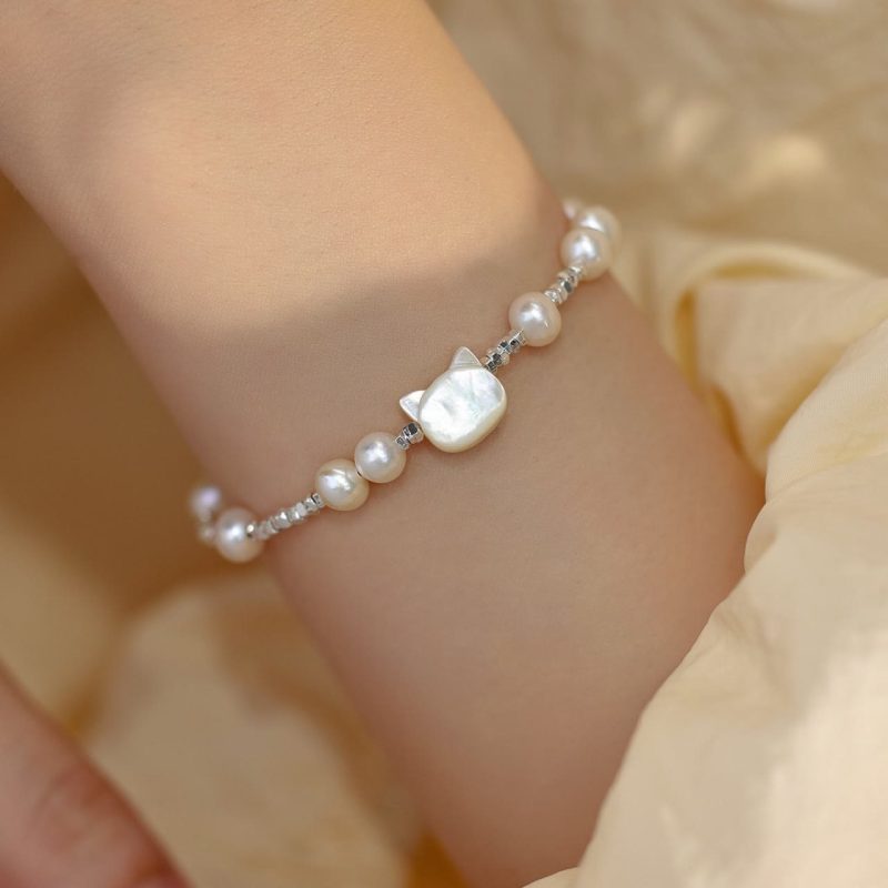 EXQUISITE IN Pearl Cat Head Tridacna Stone Silver Chain Healing Bracelet