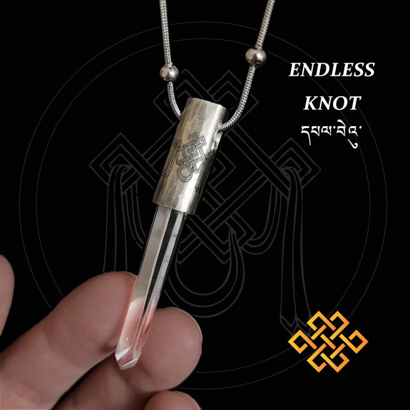 Eight Blessings from Tibet Spiritual Amulet Pendant in Sterling Silver & Crystal Quartz - Image 2