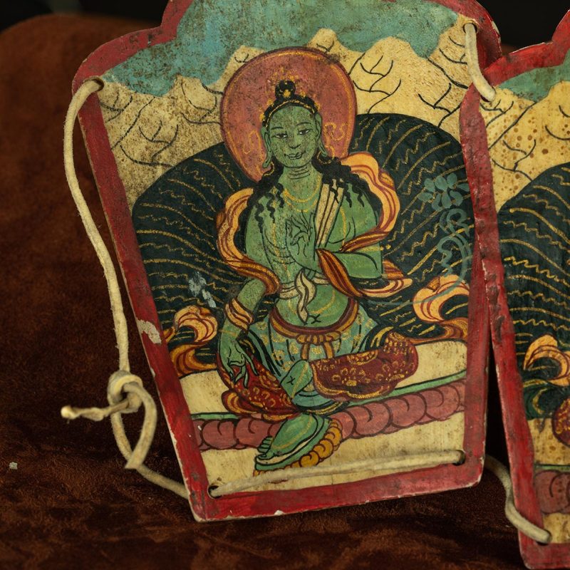 Qing Dynasty  Five Buddha Crowns Tibetan Dharma Instruments Yak Shoulder Blade Mine Color Hand Painting  Naqu Xiaodeng Temple - Image 9