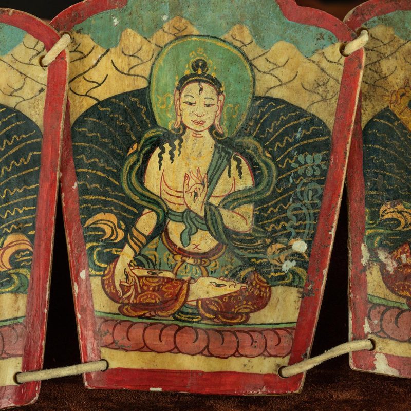 Qing Dynasty  Five Buddha Crowns Tibetan Dharma Instruments Yak Shoulder Blade Mine Color Hand Painting  Naqu Xiaodeng Temple - Image 11