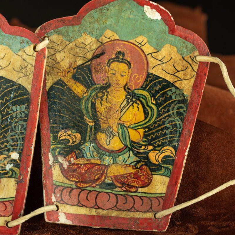 Qing Dynasty  Five Buddha Crowns Tibetan Dharma Instruments Yak Shoulder Blade Mine Color Hand Painting  Naqu Xiaodeng Temple - Image 12