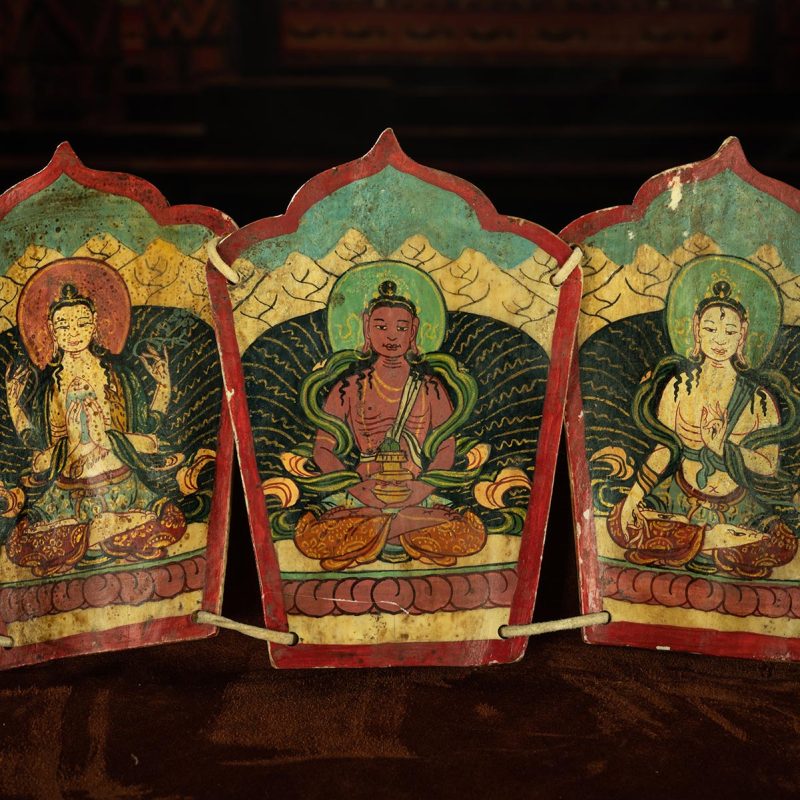 Qing Dynasty  Five Buddha Crowns Tibetan Dharma Instruments Yak Shoulder Blade Mine Color Hand Painting  Naqu Xiaodeng Temple - Image 5