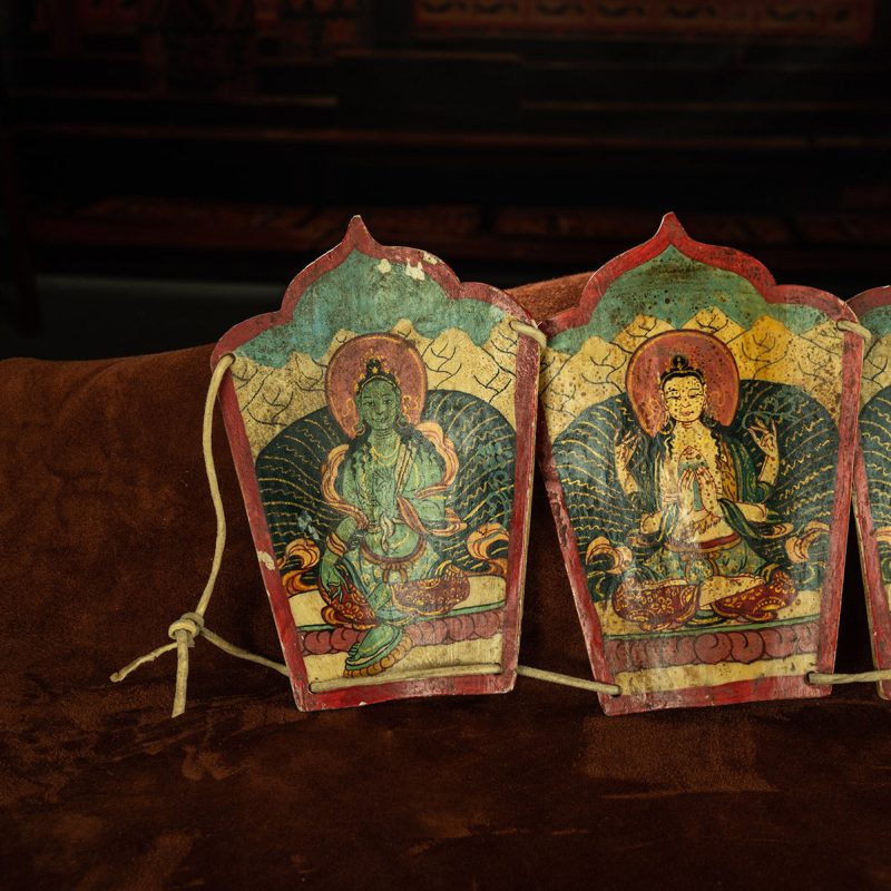 Qing Dynasty  Five Buddha Crowns Tibetan Dharma Instruments Yak Shoulder Blade Mine Color Hand Painting  Naqu Xiaodeng Temple - Image 4
