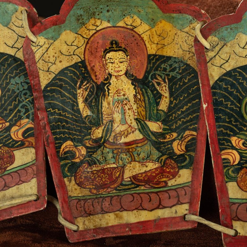 Qing Dynasty  Five Buddha Crowns Tibetan Dharma Instruments Yak Shoulder Blade Mine Color Hand Painting  Naqu Xiaodeng Temple - Image 10
