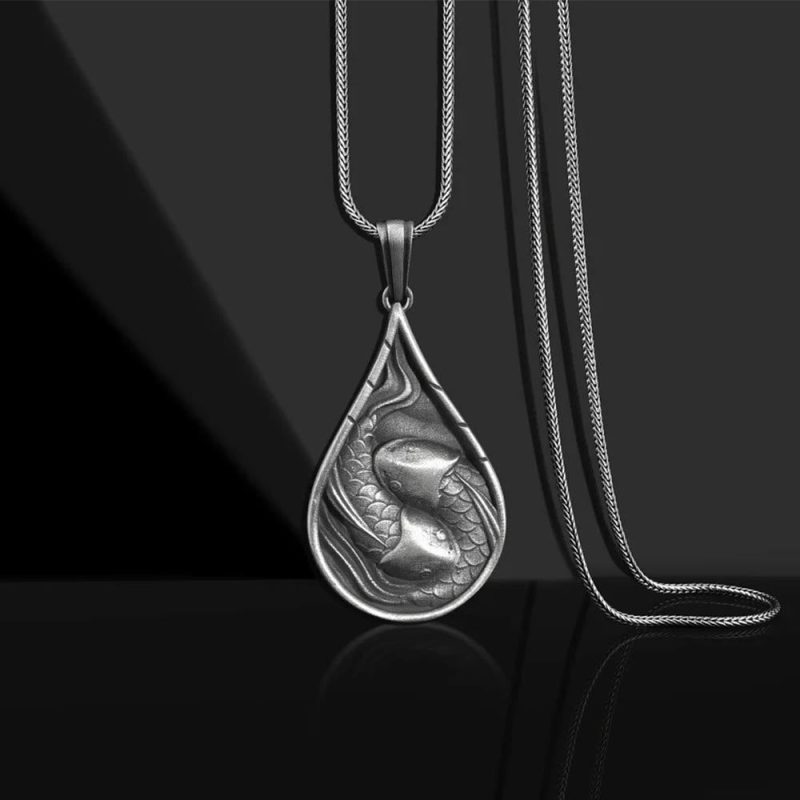 EXQUISITE IN Double Lucky Koi Fish Prosperity Pure Tin Water Drop Pattern Necklace Pendant