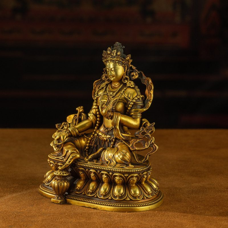 Qing Dynasty Green Tara Tibetan Antique Buddha Statue Copper Gilding - Image 11