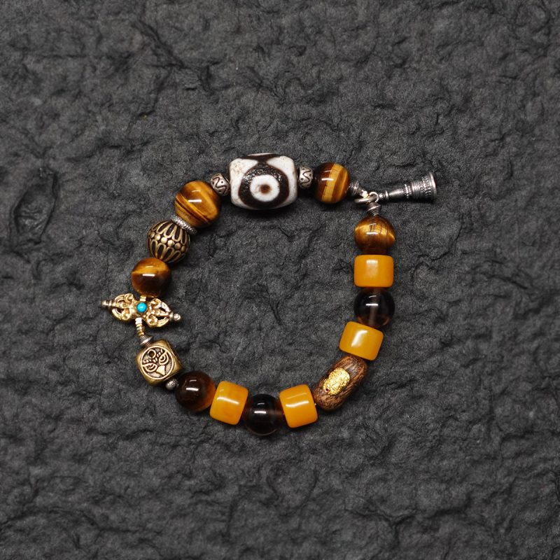 Protective Energy Three-Eyed Dzi Bead Bracelet Tibetan Vajra Silver Talisman - Image 9