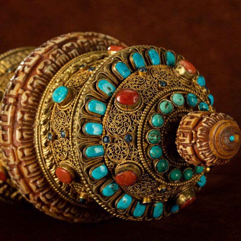 Qing Dynasty Prayer Wheel Tibetan ritual instrument gilt filigree inlaid with gems - Image 6