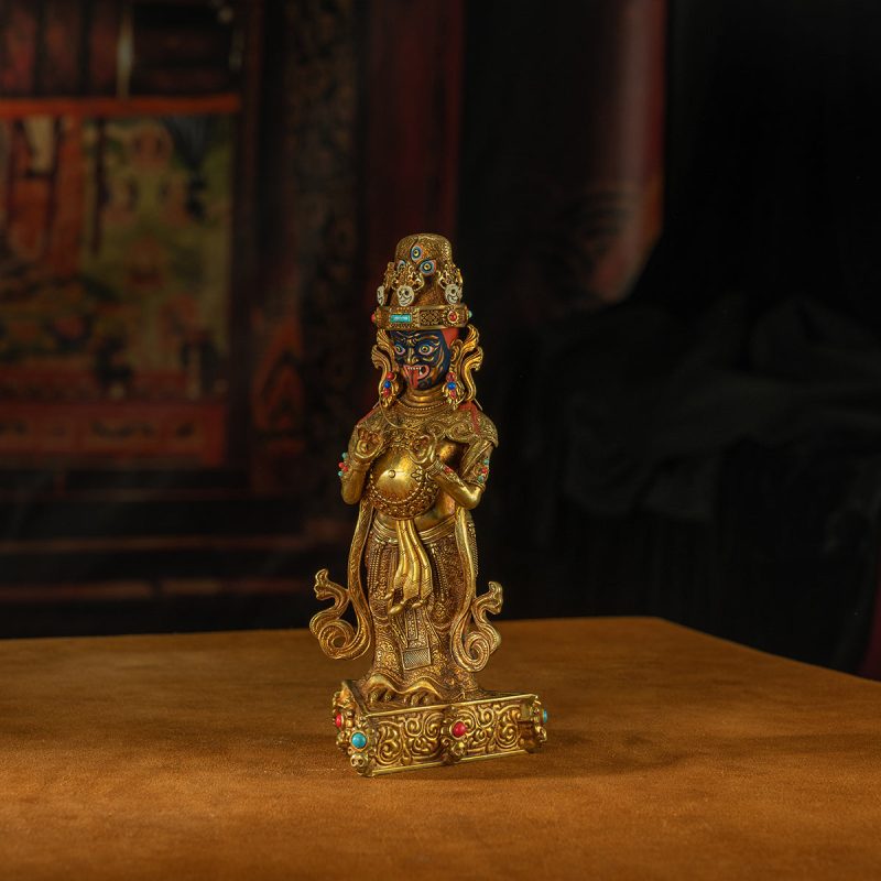 19th Century Zashi Lhamo Dharmapala God of Wealth Gilt Copper Painted Tibetan Buddha Statue From Sera Monastery - Image 5
