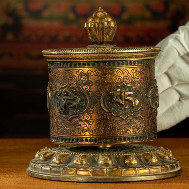 Qing Dynasty Om Mani Padme Hum Prayer Wheel Copper Gold Gilted Tibetan Ceremonial Object Sera Monastery Curio - Image 7